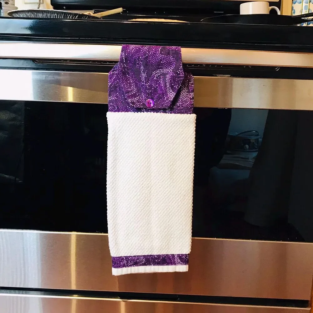 Hanging Kitchen Towel: Purple Swirled Tiny Dots Topper, Button Closure